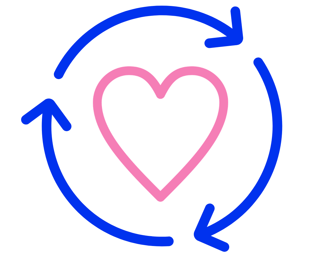Icon with pink heart surrounded by a blue arrow