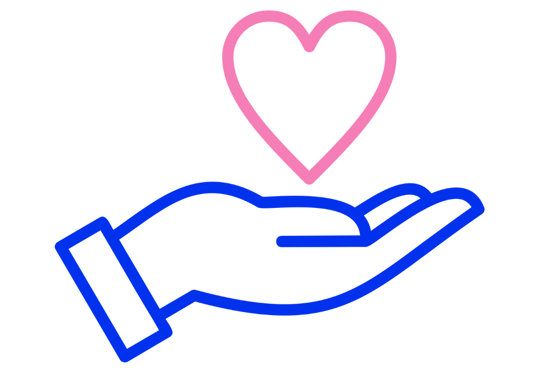 Icon with a blue hand holding a pink heart